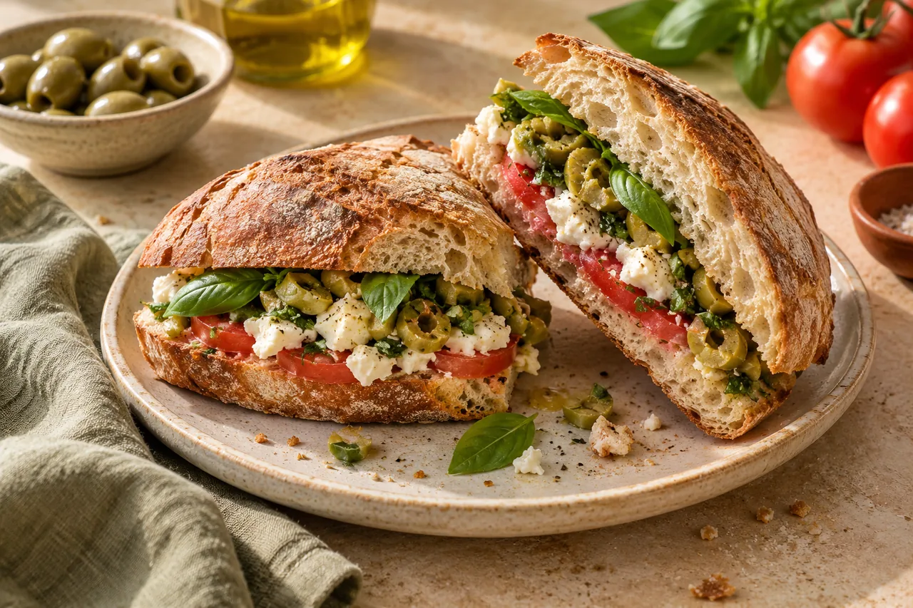 ساندویچ نان روستایی با پنیر، گوجه و زیتون خردشده