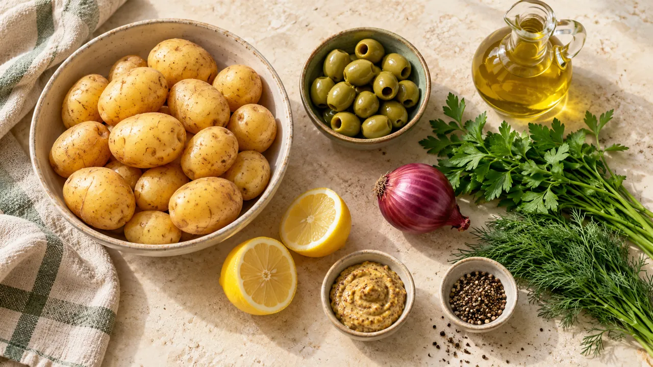 مواد لازم سالاد سیبزمینی با زیتون، شامل لیمو، سبزی تازه و روغن زیتون