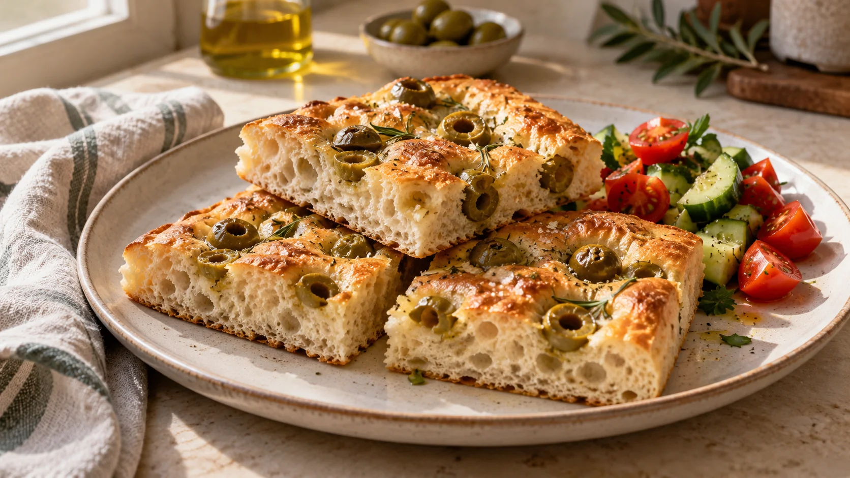 برش‌های نان فوکاچیا با زیتون در کنار سالاد گوجه و خیار