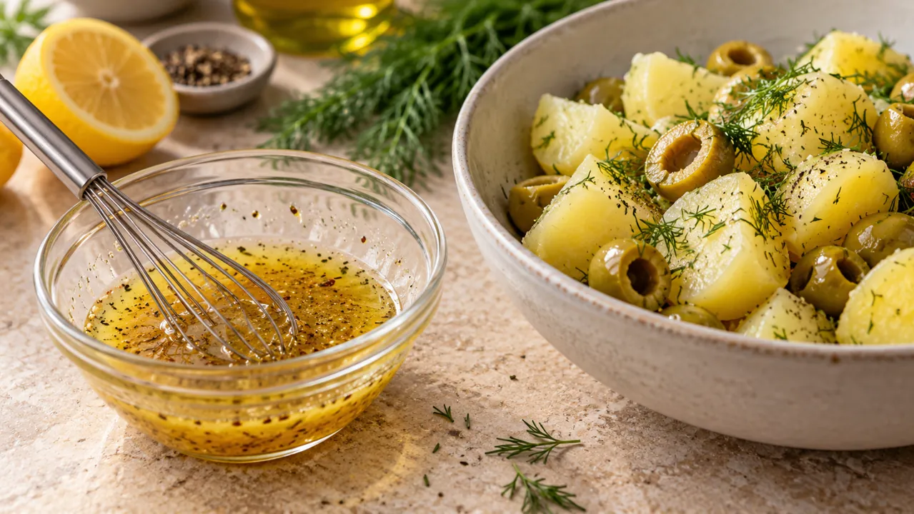 سس آبلیمو و روغن زیتون با خردل کنار سیبزمینی پخته و زیتون
