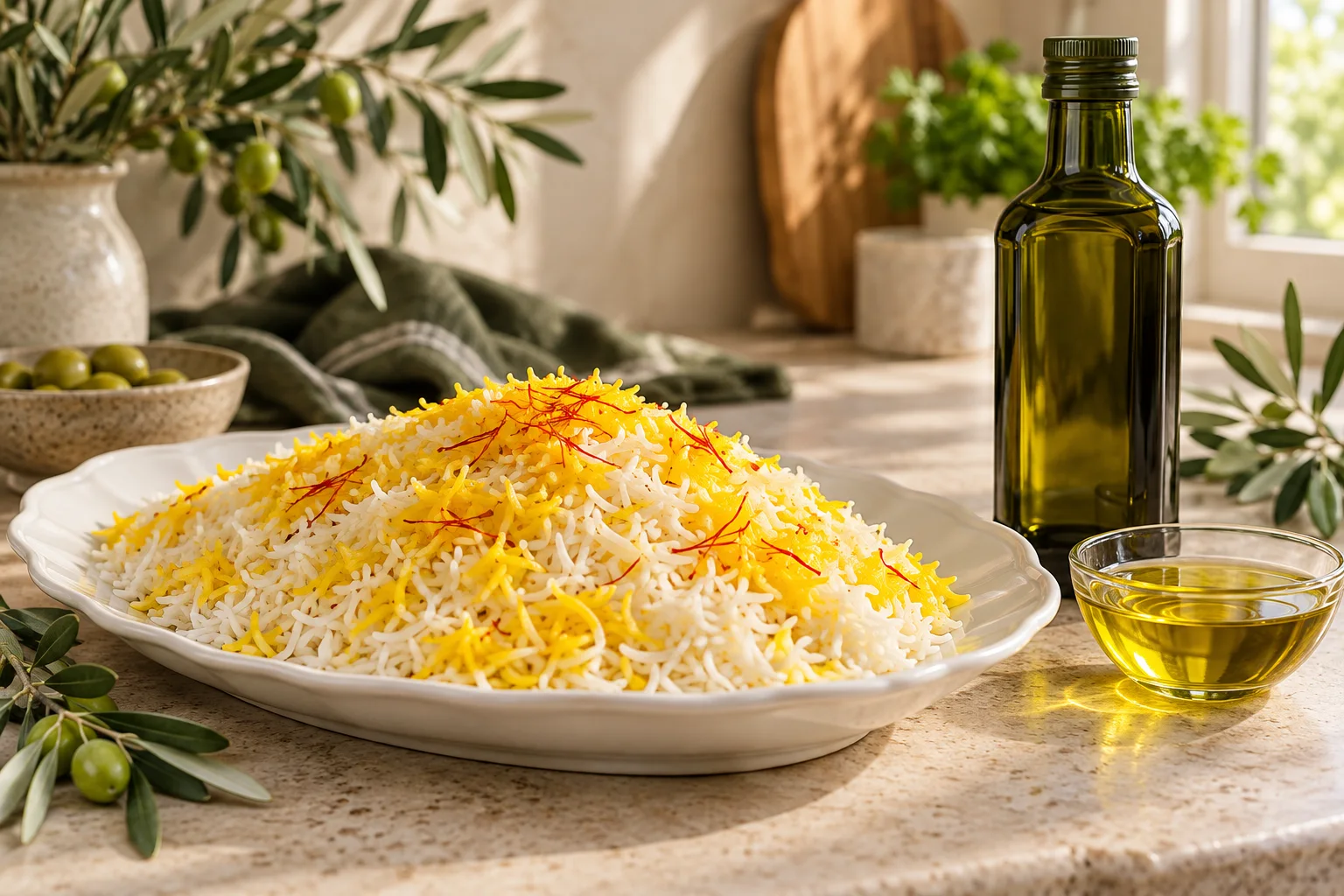 تصویر نمایشی ساختهشده با هوش مصنوعی از برنج آماده کنار بطری روغن زیتون
