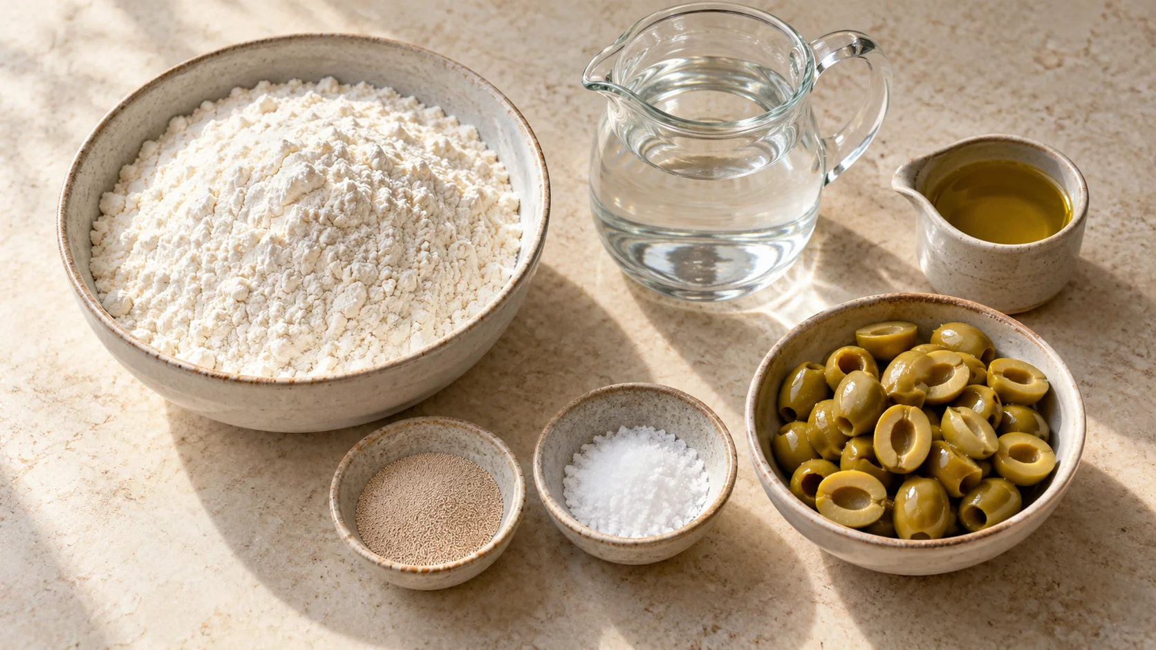 مواد اولیه فوکاچیا شامل آرد، آب، خمیرمایه، نمک، روغن زیتون و زیتون بدون هسته