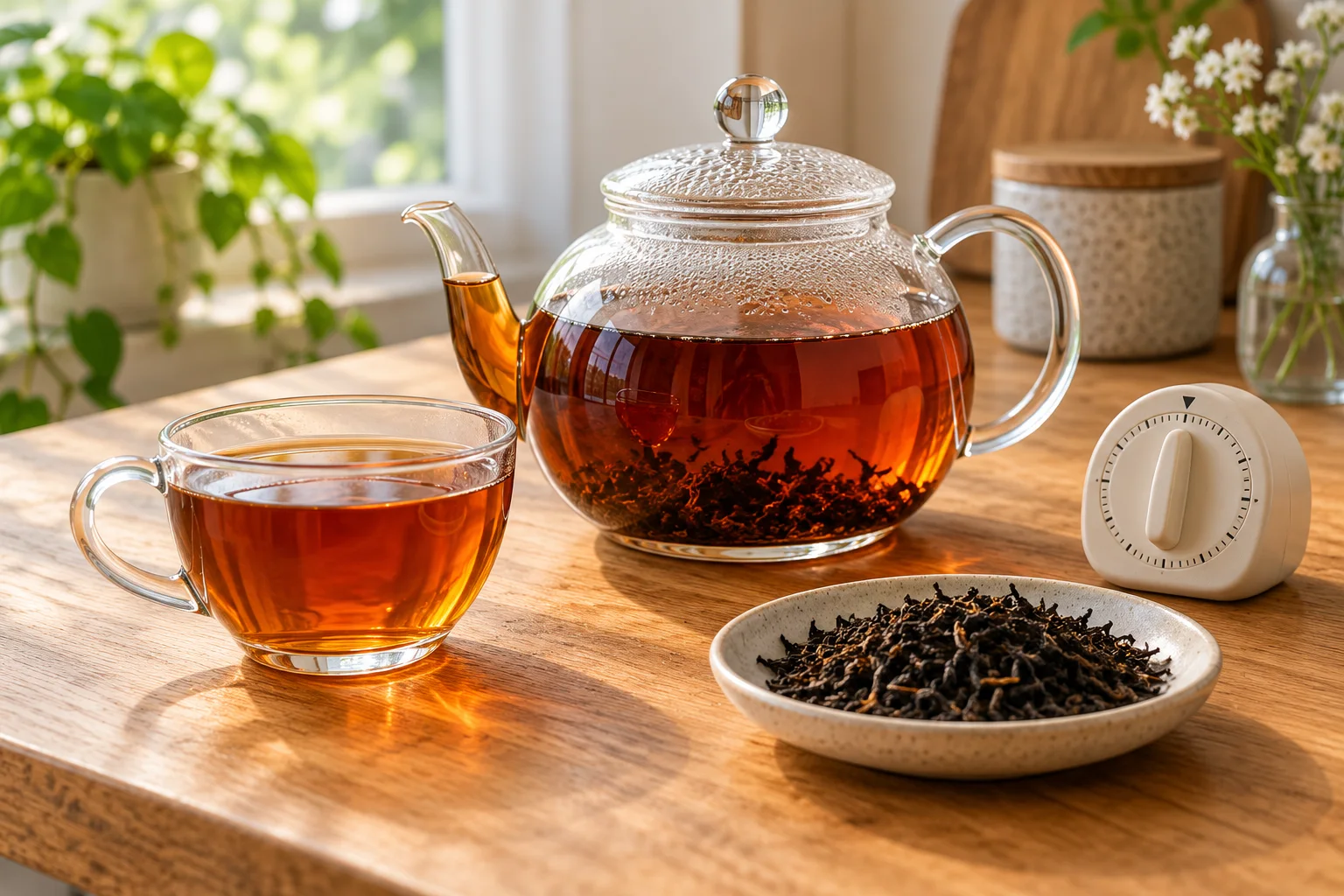 تصویر نمایشی ساختهشده با هوش مصنوعی از قوری و استکان چای کنار برگ خشک