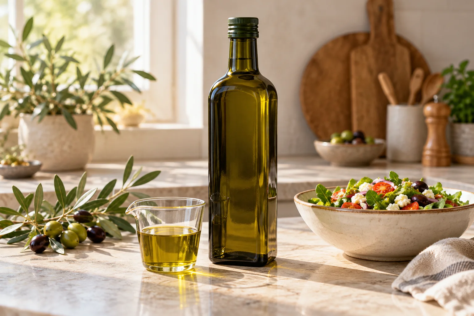 تصویر نمایشی ساخته‌شده با هوش مصنوعی از بطری روغن زیتون کنار پیمانه و سالاد در آشپزخانه