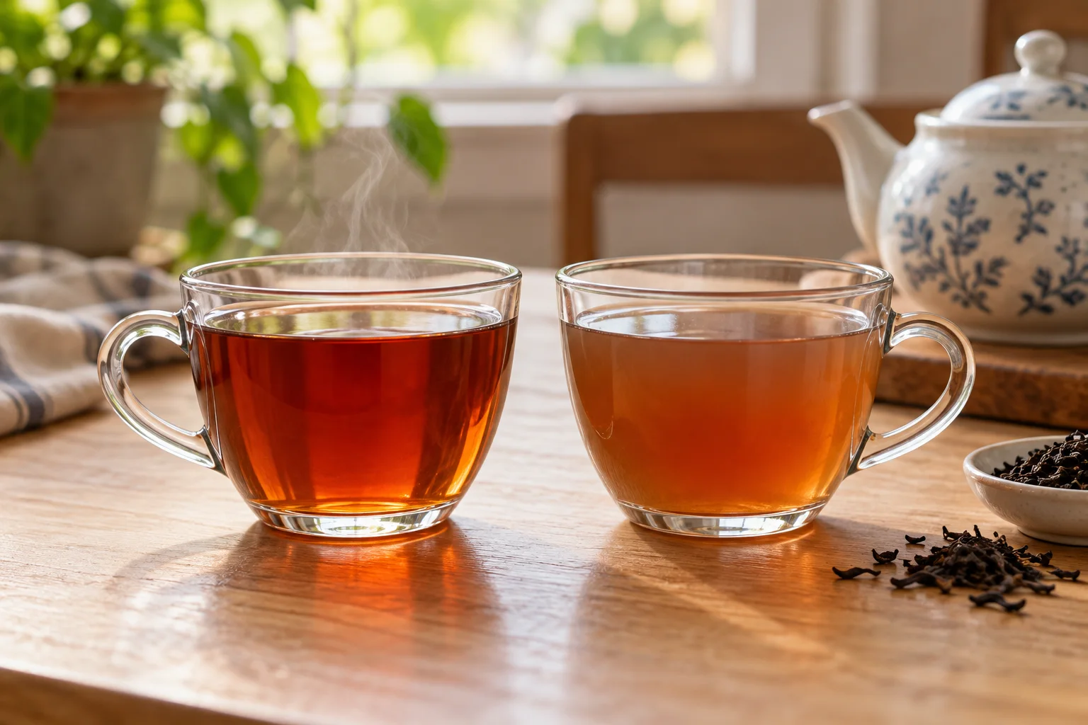 تصویر نمایشی ساخته‌شده با هوش مصنوعی از دو استکان چای سیاه شفاف و کمی کدر روی میز