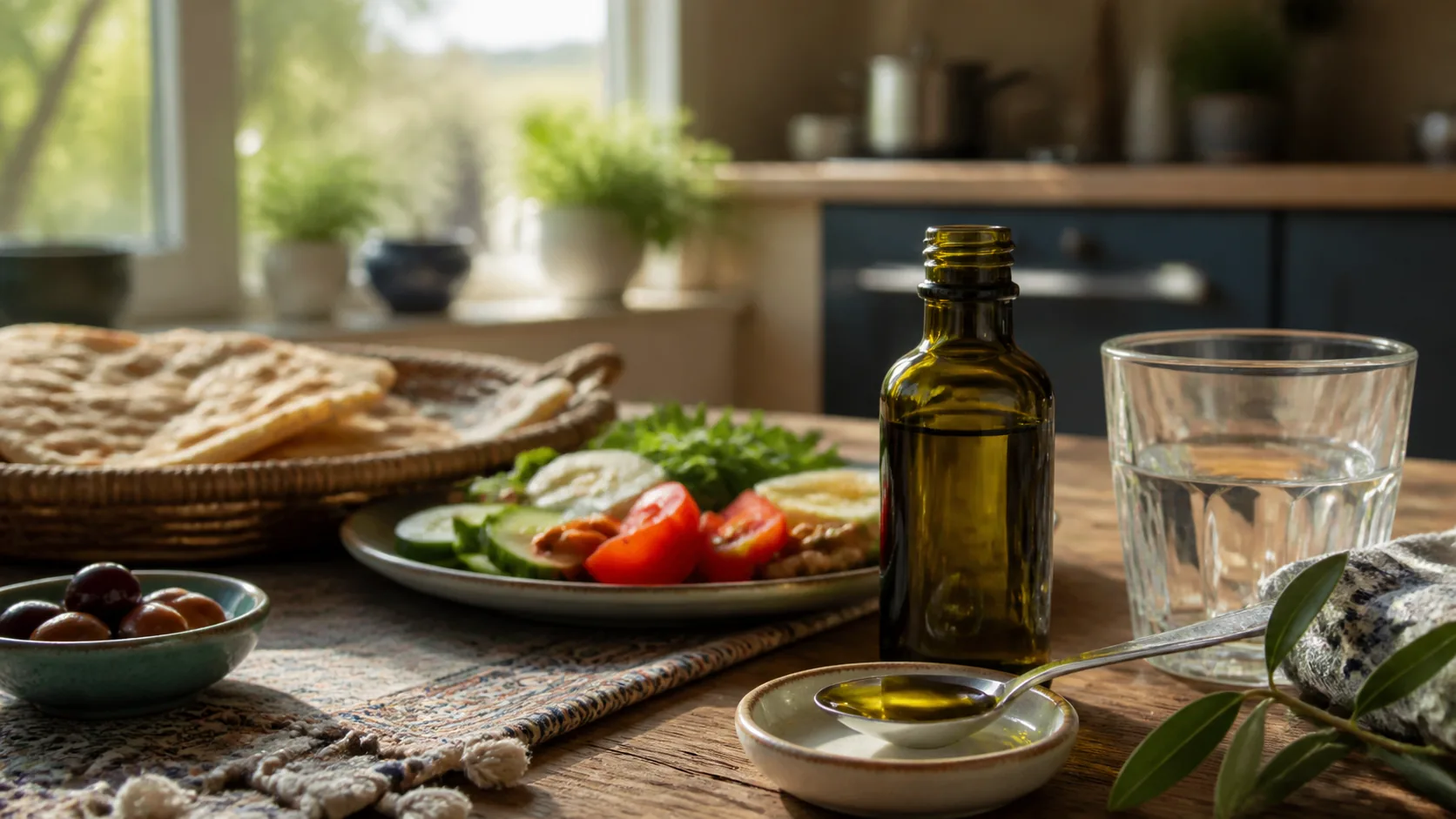 قاشق اندازه‌گیری روغن زیتون کنار بطری تیره و صبحانه متعادل