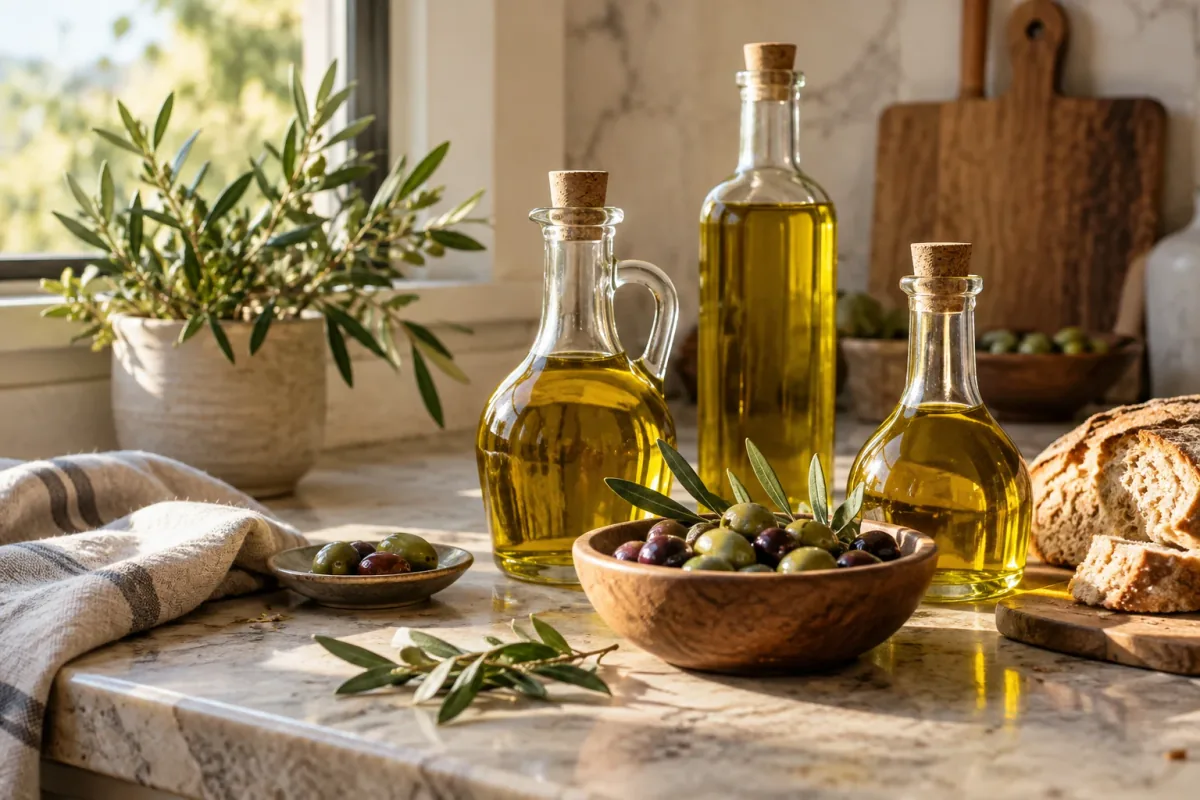 بطری‌های روغن زیتون و زیتون روی پیشخوان آشپزخانه