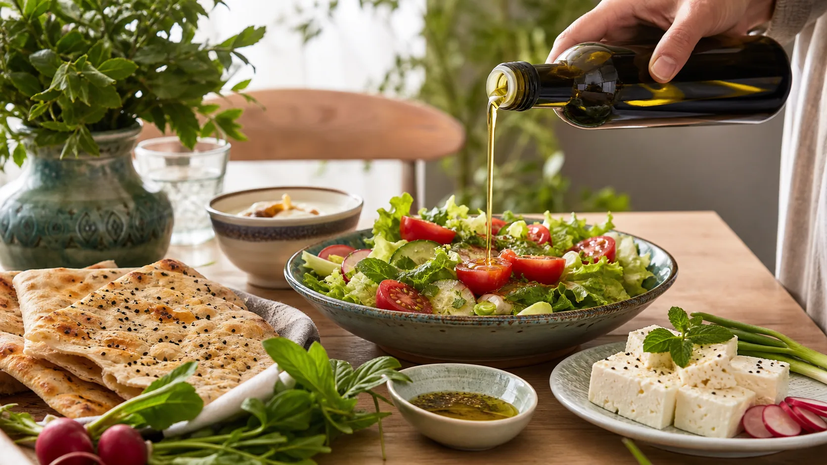 روغن زیتون در کنار سالاد و مواد غذایی الگوی مدیترانه‌ای