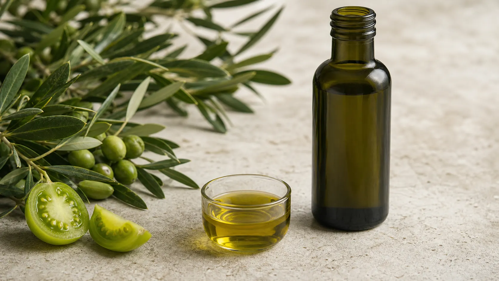 بطری تیره روغن زیتون کنار زیتون سبز و فنجان چشایی